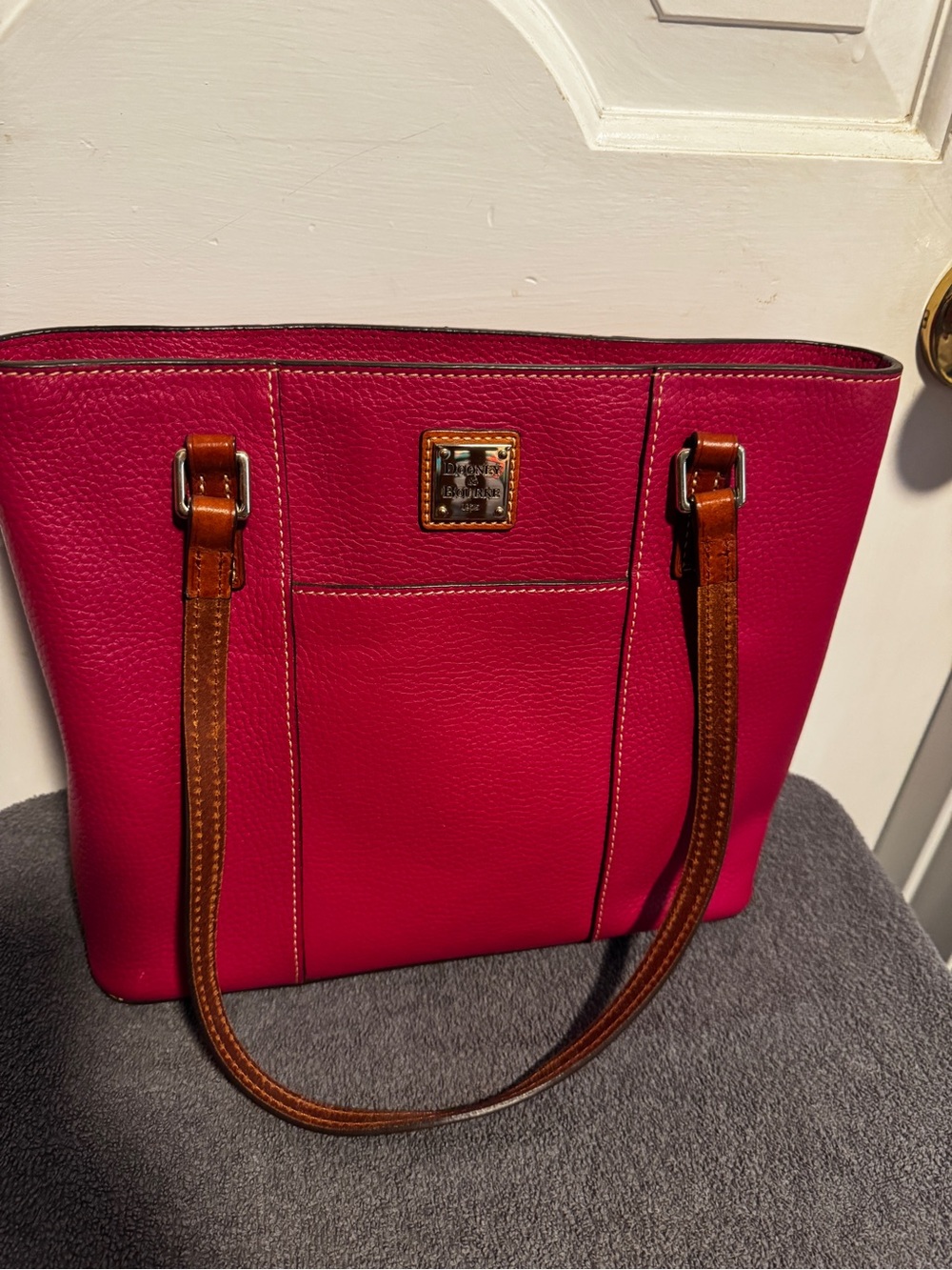 Dooney & Bourke Hot Pink Pebbled Leather Tote with Brown Handles